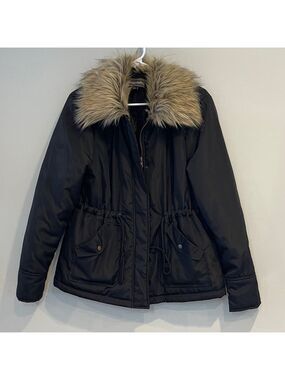 Forever Audrey Black Utility Jacket with Brown Faux Fur